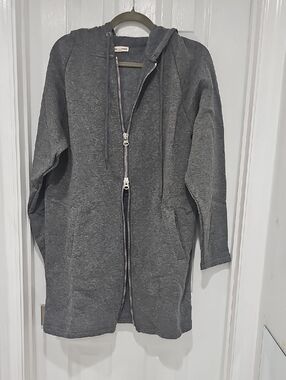 Dark Heather Gray Zipper Oversized Long Hoodie With Pockets